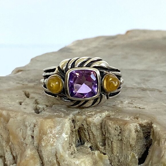 Sterling Silver 925 Cushion Cut Amethyst Double Citrine Wide Band Ring Sz 6.5 - Picture 2 of 16